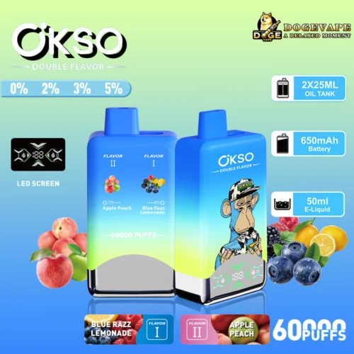 Promotional Image Featuring Okso Double Flavor Vaping Devices, Showing Two Flavours: Apple Peach And Blue Razz Lemonade, Along With Device Specifications Including 50Ml E-Liquid Capacity And 60000 Puffs.