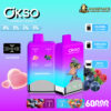 Promotional image of OKSO Double Flavor vape product featuring two flavours, Blue Razz and Love 66, with specifications including a 650mAh battery, 50ml e-liquid capacity, and 60,000 puff durability displayed in a colourful design.
