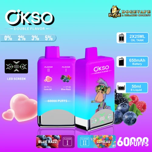 Promotional Image Of Okso Double Flavor Vape Product Featuring Two Flavours, Blue Razz And Love 66, With Specifications Including A 650Mah Battery, 50Ml E-Liquid Capacity, And 60,000 Puff Durability Displayed In A Colourful Design.