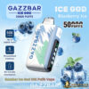 GAZZBAR disposable vape device in Ice God Blueberry Ice flavour, featuring a white and light blue design with green accents, surrounded by blueberries and ice cubes, advertising up to 50,000 puffs, 5 levels of personalized coolness, and a bit-friendly mouthpiece