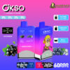 Promotional image of Ökso double-flavor vaping device showcasing blueberry ice and black currant flavours, with a capacity of 60,000 puffs and features like a LED screen, 650mAh battery, and 50ml e-liquid capacity, set against a purple gradient background.