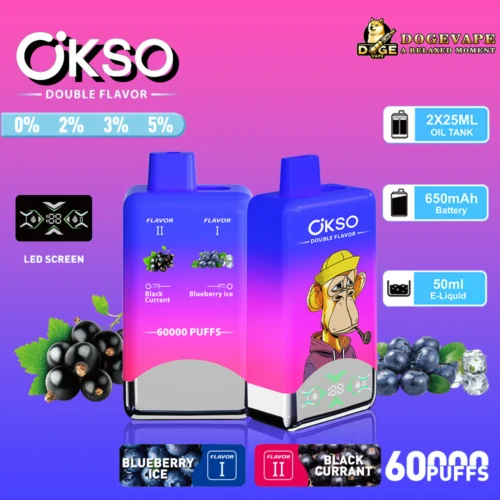 Promotional Image Of Ökso Double-Flavor Vaping Device Showcasing Blueberry Ice And Black Currant Flavours, With A Capacity Of 60,000 Puffs And Features Like A Led Screen, 650Mah Battery, And 50Ml E-Liquid Capacity, Set Against A Purple Gradient Background.