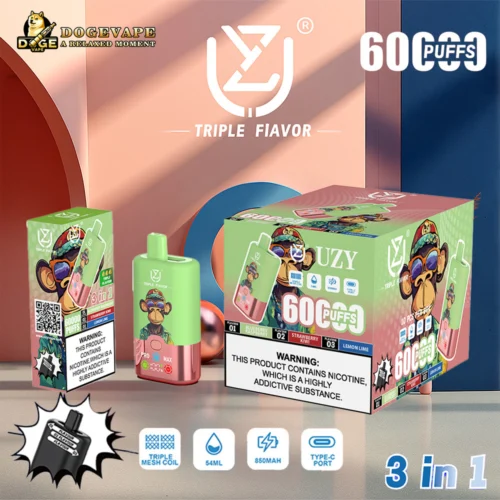 Appareil de vapotage jetable et emballage en vert et rose avec un chimpanzé portant une casquette et des lunettes de soleil, faisant la publicité de 6000 bouffées avec une triple saveur : myrtille framboise, fraise kiwi et citron vert, affichés sur une surface sur un fond coloré avec des logos de marque et des icônes de fonctionnalités de vapotage.