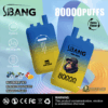 Two blue and yellow gradient vape devices labelled 'S.BANG BANG LEADER' with a monkey wearing sunglasses illustration, advertised with features including Type-C charging, 80000 puffs, dual mesh, and three flavor options: blueberry ice, black dragon ice, and mango peach, against a colorful abstract background with brand logo and nicotine warning.