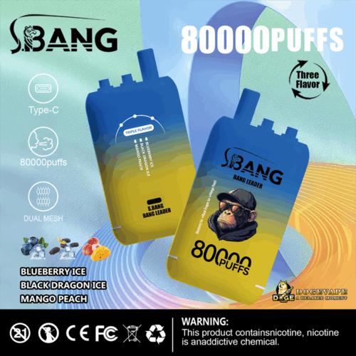 Two Blue And Yellow Gradient Vape Devices Labelled 'S.bang Bang Leader' With A Monkey Wearing Sunglasses Illustration, Advertised With Features Including Type-C Charging, 80000 Puffs, Dual Mesh, And Three Flavor Options: Blueberry Ice, Black Dragon Ice, And Mango Peach, Against A Colorful Abstract Background With Brand Logo And Nicotine Warning.