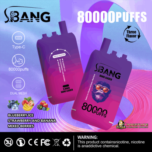 Two Purple-To-Pink Gradient Vape Devices Branded 'S.bang Bang Leader' With An Illustration Of A Monkey Wearing Sunglasses, Advertising 80,000 Puffs With Triple Flavor Options: Blueberry Ice, Strawberry And Banana, And Mixed Berries, Alongside Icons For Type-C Charging And Dual Mesh, Set Against A Vibrant Purple And Pink Abstract Background.