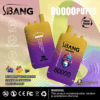 Two gradient yellow-purple disposable vape devices labeled S.BANG with triple flavor options including blueberry watermelon, strawberry mango, and blackcurrant, highlighting 80000 puffs and Type-C charging against a soft pastel background with flavor icons and a nicotine warning at the bottom.