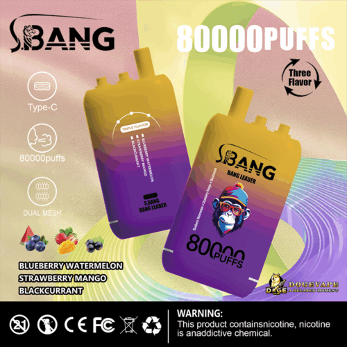 Two Gradient Yellow-Purple Disposable Vape Devices Labeled S.bang With Triple Flavor Options Including Blueberry Watermelon, Strawberry Mango, And Blackcurrant, Highlighting 80000 Puffs And Type-C Charging Against A Soft Pastel Background With Flavor Icons And A Nicotine Warning At The Bottom.
