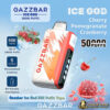 Gazzbar Ice God vape device with cherry, pomegranate, and cranberry flavor, featuring up to 50,000 puffs, 5 levels of personalized coolness, and a bit-friendly mouthpiece against a blue icy background.