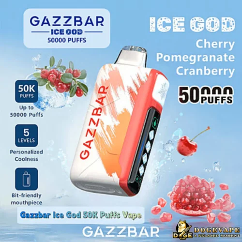Gazzbar Ice God Vape-Gerät mit Kirsch-, Granatapfel- und Cranberry-Geschmack, mit bis zu 50.000 Zügen, 5 Stufen individueller Kühle und einem beißfreundlichen Mundstück vor einem blauen, eisigen Hintergrund.