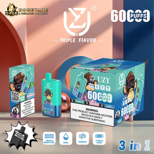 Présentoir de produits de vapotage à triple saveur Uzy comprenant un appareil de vapotage bleu et turquoise, une seule boîte de vapotage et une boîte plus grande avec un pack de 10, mettant en évidence 60 000 bouffées, une bobine à triple maille, une capacité de 54 ml, une batterie de 850 mAh et un port de type C, avec une marque de singe de dessin animé et un avertissement concernant la dépendance à la nicotine.