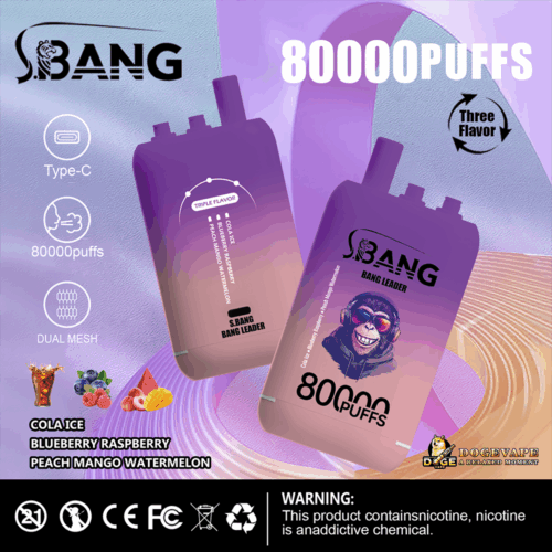 Two Purple S.bang Bang Leader Vape Devices With Triple Flavor Cola Ice, Blueberry Raspberry, And Peach Mango Watermelon, Featuring 80000 Puffs, Type-C Charging, And Dual Mesh Technology On A Textured Purple And Wooden Background With Warning Text And Doge Vape Logo.