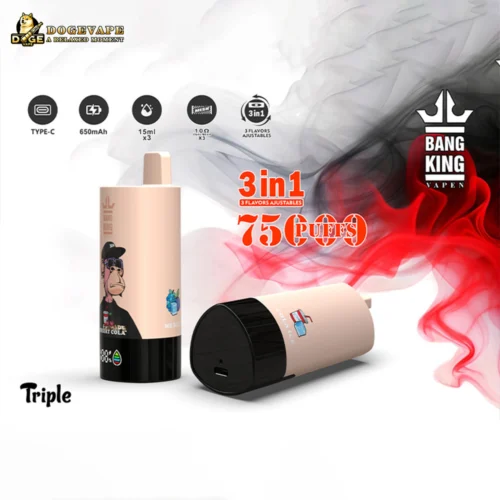 Two Beige And Black Bang King Vape Devices With Cartoon Illustrations, Surrounded By Red And Black Smoke And Accompanied By Icons Indicating Type-C Charging, 650Mah Battery, 15Ml E-Liquid Capacity, 1.0 Ohm Coil Resistance, And Three Adjustable Flavors, Advertising 3 In 1 Functionality And 75 Puffs.