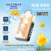 Gazzbar Ice God Double Mango vape device with 50,000 puffs, displayed alongside mango fruit pieces and ice cubes on a blue background with product features like 5 levels of personalized coolness and a bit-friendly mouthpiece