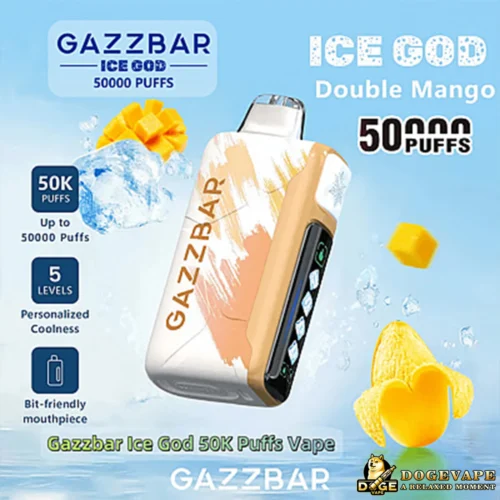 Gazzbar Ice God Double Mango Vape-Gerät mit 50.000 Zügen, präsentiert neben Mango-Fruchtstücken und Eiswürfeln auf blauem Hintergrund mit Produktfunktionen wie 5 Stufen personalisierter Kühlleistung und einem beißfreundlichen Mundstück