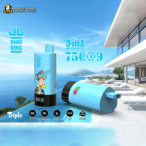 Blue Bang King Vape Devices With Cartoon Monkey Design And Pineapple Ice Flavour Icon Beside A Modern Poolside Area Overlooking The Ocean And Mountains, Highlighting 3-In-1 Adjustable Flavors And 75 Puffs Capacity