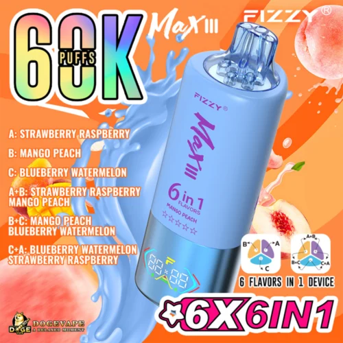 Promotional Image Showcasing The 'Fizzy Max Iii' Electronic Vape Device Offering 60,000 Puffs And Six Flavour Combinations, Including Strawberry Raspberry And Mango Peach.
