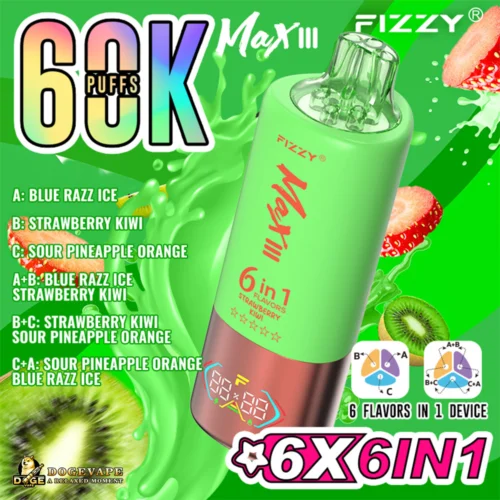 Promotional Image For Fizzy Max Iii Vape System, Featuring A Green Device With Modular Flavor Combinations And A Total Of Six Flavors Including Blue Razz Ice And Strawberry Kiwi, Set Against A Vibrant Green Background With Fruit Graphics.