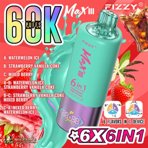 Advertisement For Fizzy Max Iii Vape Device Featuring A Turquoise And Purple Device With An Led Screen, Showcasing Six Flavours Including Watermelon Ice And Strawberry Vanilla Coke, Presented On A Vibrant Backdrop Of Fruits And Splash Effects.