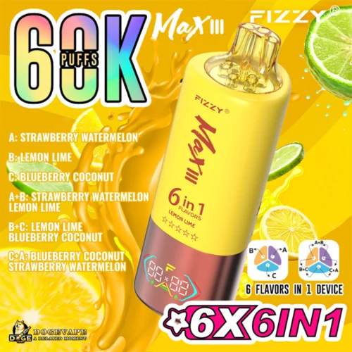 Promotional Image For The Fizzy Max Iii 6-In-1 Vaping Device, Featuring A Yellow Cylindrical Design With Graphics Highlighting Various Flavour Combinations And A Large &Quot;60K Puffs&Quot; Branding Text Over A Vibrant Yellow Background With Lime Slices.