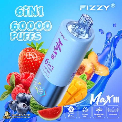 Promotional Image Showcasing The Fizzy Max Iii E-Cigarette Highlighting Its 6-In-1 Feature, 60,000 Puff Capacity, And Fruit Flavours In Vibrant Colours.