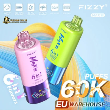 Promotional Image Showcasing Two Colourful Fizzy Max Iii Vaping Devices, Highlighting Features Like 6-In-1 Flavours, 60,000 Puffs, And Type-C Rechargeability; Displayed With Vibrant Swirling Designs And A 'Eu Warehouse' Note.