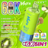 Promotional image for Fizzy Max III, showcasing a vaporiser with 6 flavour options including mixed berry, kiwi passion fruit guava, and strawberry watermelon, on a vibrant green background with illustrated fruits and flavour details.