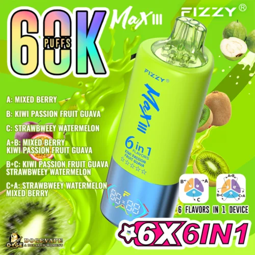 Promotional Image For Fizzy Max Iii, Showcasing A Vaporiser With 6 Flavour Options Including Mixed Berry, Kiwi Passion Fruit Guava, And Strawberry Watermelon, On A Vibrant Green Background With Illustrated Fruits And Flavour Details.