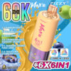 Promotional image showcasing the Fizzy Max III, a multi-flavor vape device offering six combined flavor options, featuring vibrant text and illustrations of fruits against a colourful background.