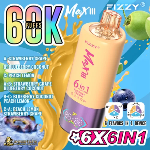 Promotional Image Showcasing The Fizzy Max Iii, A Multi-Flavor Vape Device Offering Six Combined Flavor Options, Featuring Vibrant Text And Illustrations Of Fruits Against A Colourful Background.