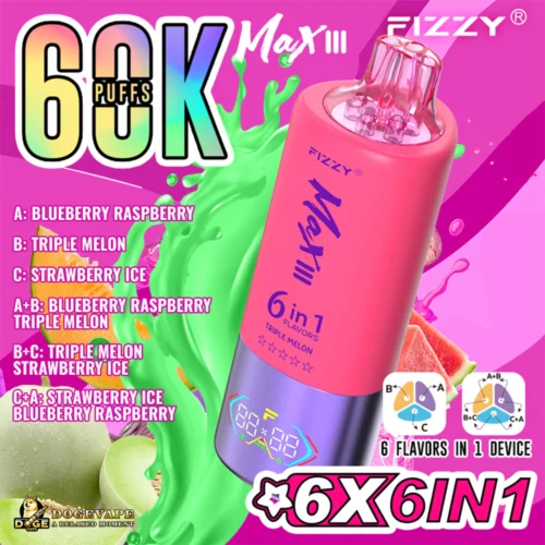 Promotional Image For The Fizzy Max Iii Vaping Device Highlighting Its Six Flavour Options Including Blueberry Raspberry, Triple Melon, And Strawberry Ice In A Pink And Green Colourful Design Featuring The Product And Its Flavour Mix Combinations.