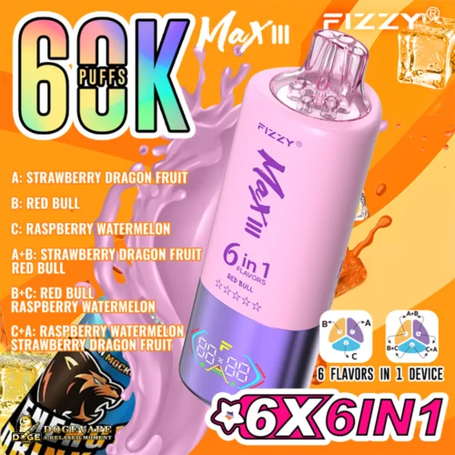 Promotional Image For The Fizzy Max Iii 6-In-1 Flavoured Vape Featuring A Pink Device With Detailed Flavour Combinations And A Vibrant Orange Background.