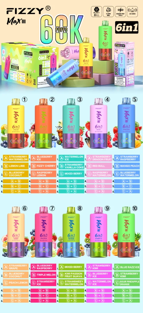 Promotional Image Featuring Fizzy Max Iii 6-In-1 Adjustable Flavour Electronic Cigarette, Showing Device Designs, Flavours, And Packs On A Light Background With Fruit Illustrations.