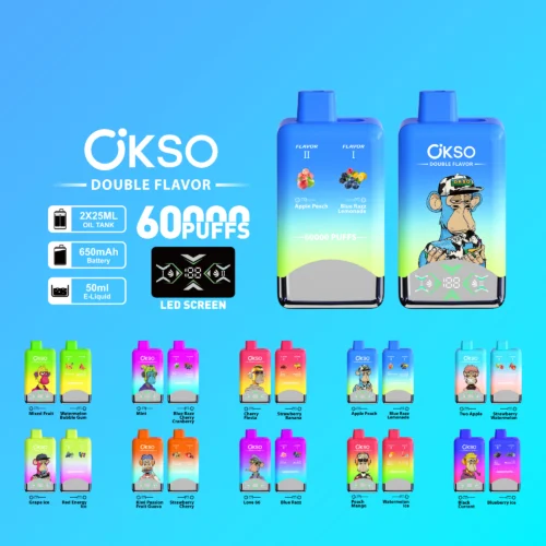 Promotional Image Displaying An Assortment Of Colourful Okso Branded Disposable Vapes Featuring Double Flavours, Led Screens, And Specifications Such As 60,000 Puffs And A 650Mah Battery.