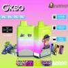 Promotional image showcasing the OKSO Double Flavor disposable vape with specifications, including 60,000 puffs, 50ml e-liquid, 650mAh battery, and flavors Grape Ice and Red Energy Ice.