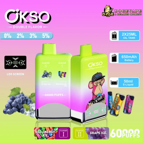 Promotional Image Showcasing The Okso Double Flavor Disposable Vape With Specifications, Including 60,000 Puffs, 50Ml E-Liquid, 650Mah Battery, And Flavors Grape Ice And Red Energy Ice.