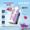 Gazzbar Ice God vape device in purple and white with graphics of grapes, ice cubes, and text highlighting 50,000 puffs, 5 levels of personalized coolness, and a bit-friendly mouthpiece against a blue background