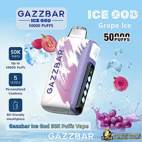 Gazzbar Ice God Vape-Gerät in Lila und Weiß mit Grafiken von Trauben, Eiswürfeln und Text, der 50.000 Züge, 5 Stufen personalisierter Kühle und ein beißfreundliches Mundstück vor blauem Hintergrund hervorhebt