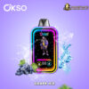 Portable vape device with vibrant neon rainbow outline, featuring a character illustration on screen, surrounded by splashing water, ice cubes, and a bunch of grapes on a purple background, labelled 'Grape Ice'