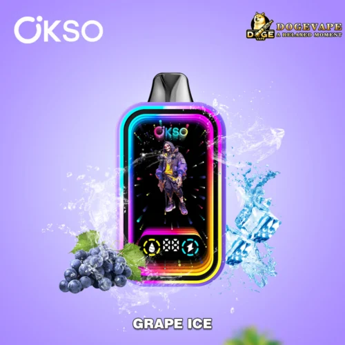 Appareil de vapotage portable avec contour arc-en-ciel fluo vibrant, avec une illustration de personnage à l'écran, entouré d'éclaboussures d'eau, de glaçons et d'une grappe de raisin sur fond violet, étiqueté « Glace au raisin ».