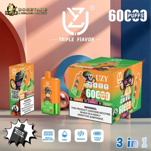 Appareil et emballage jetables Uzy Vape avec singe de dessin animé avec lunettes de soleil, triple saveur publicitaire et 600 bouffées, avec avertissement de nicotine et icônes techniques pour bobine triple maille, capacité de 54 ml, batterie de 850 mAh et port de type C sur fond géométrique coloré.