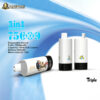 Three white disposable vape devices with black bases on a blue and white abstract background, featuring text about 3-in-1 flavors and 75,000 puffs capacity