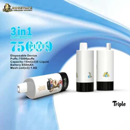 Three White Disposable Vape Devices With Black Bases On A Blue And White Abstract Background, Featuring Text About 3-In-1 Flavors And 75,000 Puffs Capacity