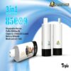 Three white disposable vape devices with black bases, featuring fruit illustrations, displayed on a light blue background with text highlighting 3 adjustable flavors, 85,000 puffs, 21ml capacity, 600mAh battery, and 1.0Ω mesh coils, branded Dogevape Triple.