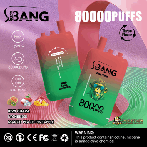Two Gradient Red To Green Disposable Vape Devices With A Monkey Wearing Sunglasses On The Front, Labelled S.bang Bang Leader, Offering 80000 Puffs And Triple Flavor Including Kiwi Guava, Lychee Ice, And Mango Peach Pineapple, With Type-C Charging And Dual Mesh Features, Displayed Against A Pink And Green Abstract Background.