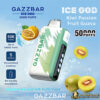 Gazzbar Ice God disposable vape device with 50,000 puffs capacity, featuring kiwi, passion fruit, and guava flavours, shown with fruit and icy water background