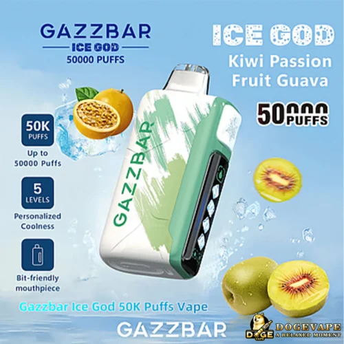 Gazzbar Ice God Einweg-Vape-Gerät mit einer Kapazität von 50.000 Zügen, mit den Aromen Kiwi, Passionsfrucht und Guave, abgebildet mit Früchten und Eiswasser-Hintergrund