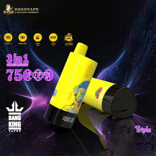 Two Yellow Bang King Disposable Vape Devices With Fruit Flavor Graphics, One Standing Upright Showing Lemon-Lime Flavor And One Lying Down Showing Strawberry Flavor, Against A Dark Background With Blue And Purple Light Trails, Highlighting 3-In-1 Adjustable Flavors And 75 Puffs Capacity.