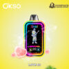 OKSO branded electronic vape device with colorful neon border and an animated figure playing guitar on its screen, set against a yellow background with pink heart shapes and water splashes, with DOGEVAPE logo and 'LOVE 66' text.