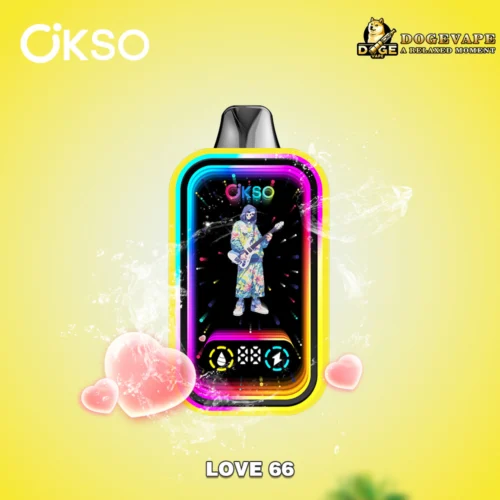 Appareil de vapotage électronique de marque Okso avec bordure néon colorée et une figure animée jouant de la guitare sur son écran, sur un fond jaune avec des formes de cœur roses et des éclaboussures d'eau, avec le logo Dogevape et le texte « Love 66 ».